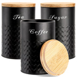 Bekith 3 Pack Kitchen Canisters with Bamboo Lids, Airtight Metal Canister Set, Food Storage Containers Jars for Coffee, Sugar, Tea, Flour, Rustic Farmhouse Kitchen Decor Containers, Black Bekith