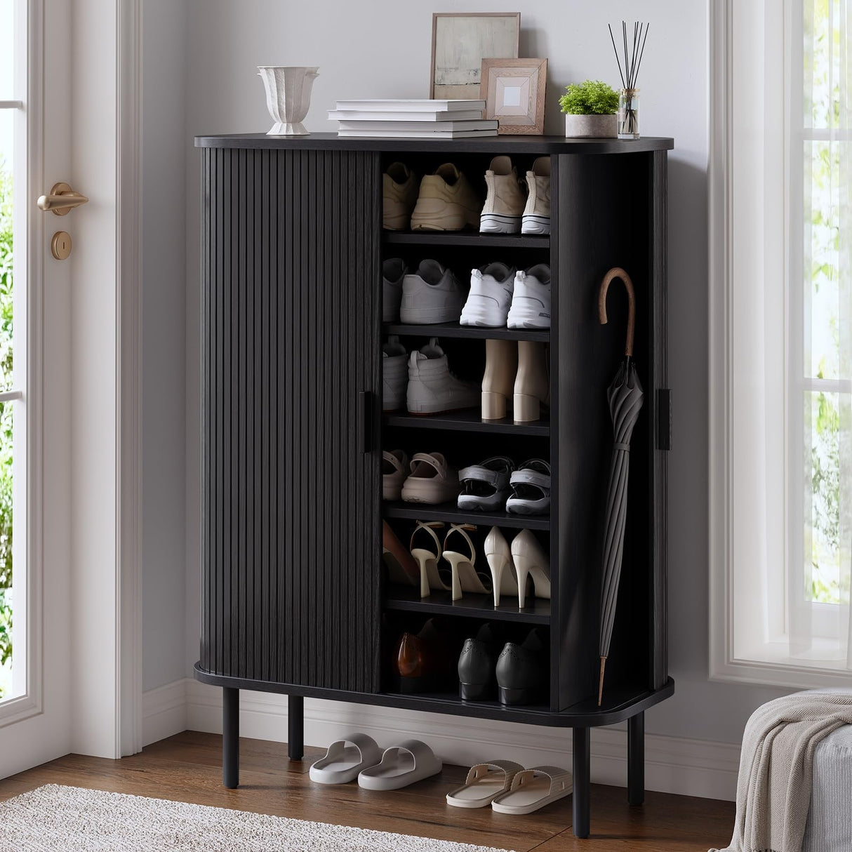 ONBRILL 6-Tier Shoe Cabinet with Sliding Door, Wooden Shoe Storage Cabinet with Adjustable Shelves, Mid-Century Modern Freestanding Shoe Storage Organizer for Entryway, Hallway, Living Room, Black ONBRILL