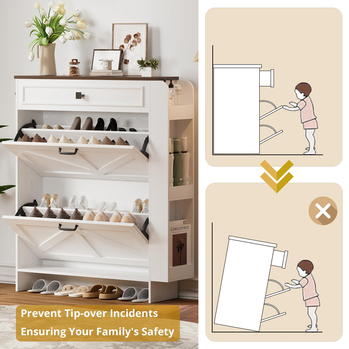 IRONCK Shoe Storage Cabinet with 2 Flip Drawers & Barn Door Design, Freestanding Shoe Cabinet Organizer with Drawer and Shelves for Entryway, Farmhouse Shoe Rack Cabinet, White/Walnut IRONCK