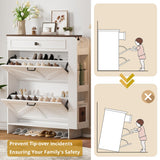 IRONCK Shoe Storage Cabinet with 2 Flip Drawers & Barn Door Design, Freestanding Shoe Cabinet Organizer with Drawer and Shelves for Entryway, Farmhouse Shoe Rack Cabinet, White/Walnut IRONCK