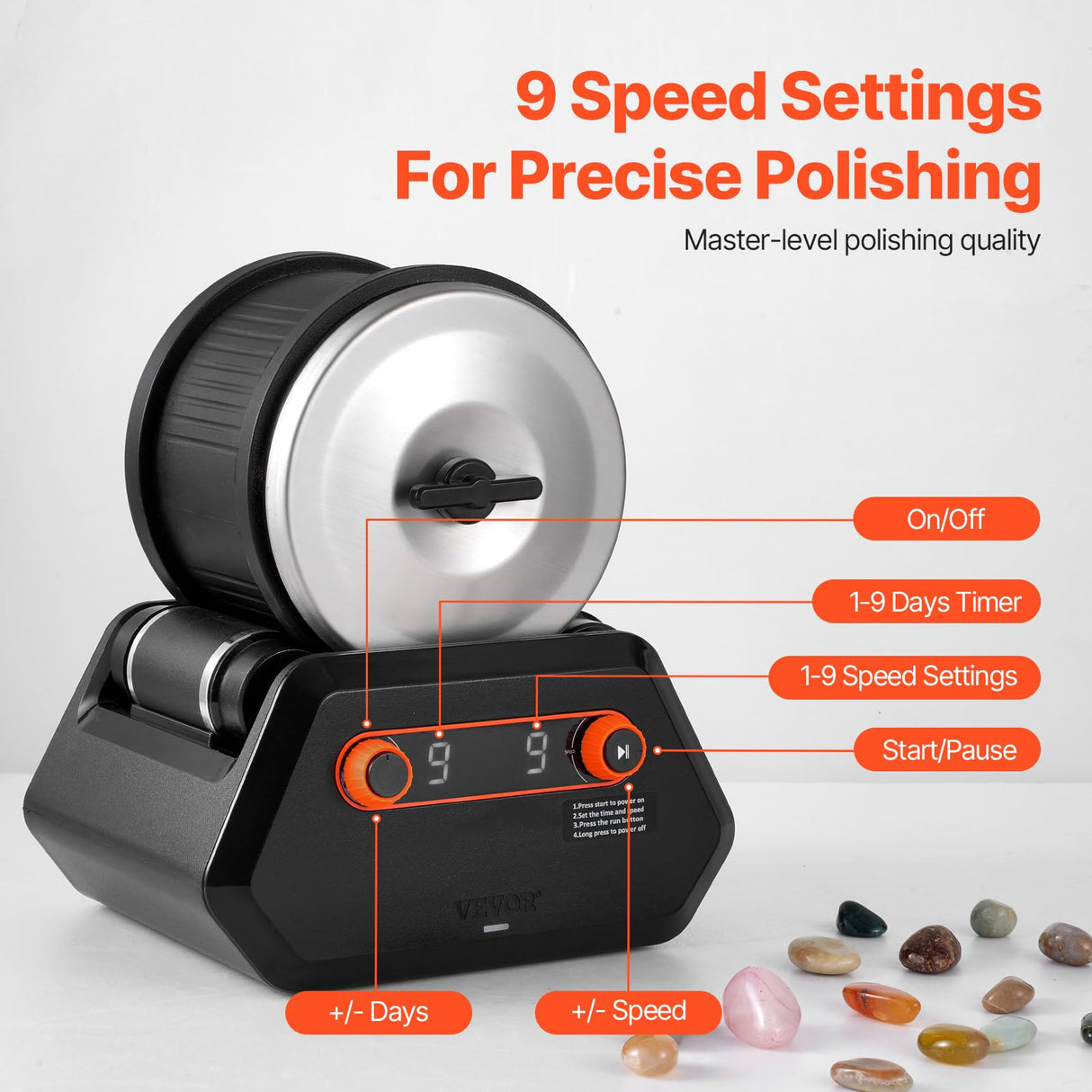 VEVOR Rock Tumbler Kit, 4 lbs Rock Polishing Kit, 9 Speed Settings 9-Day Polishing Timer Stone Polishing Kit, Rock Polisher with Rough Gemstones and Polishing Grits, Rock Polisher for Kids Adults VEVOR