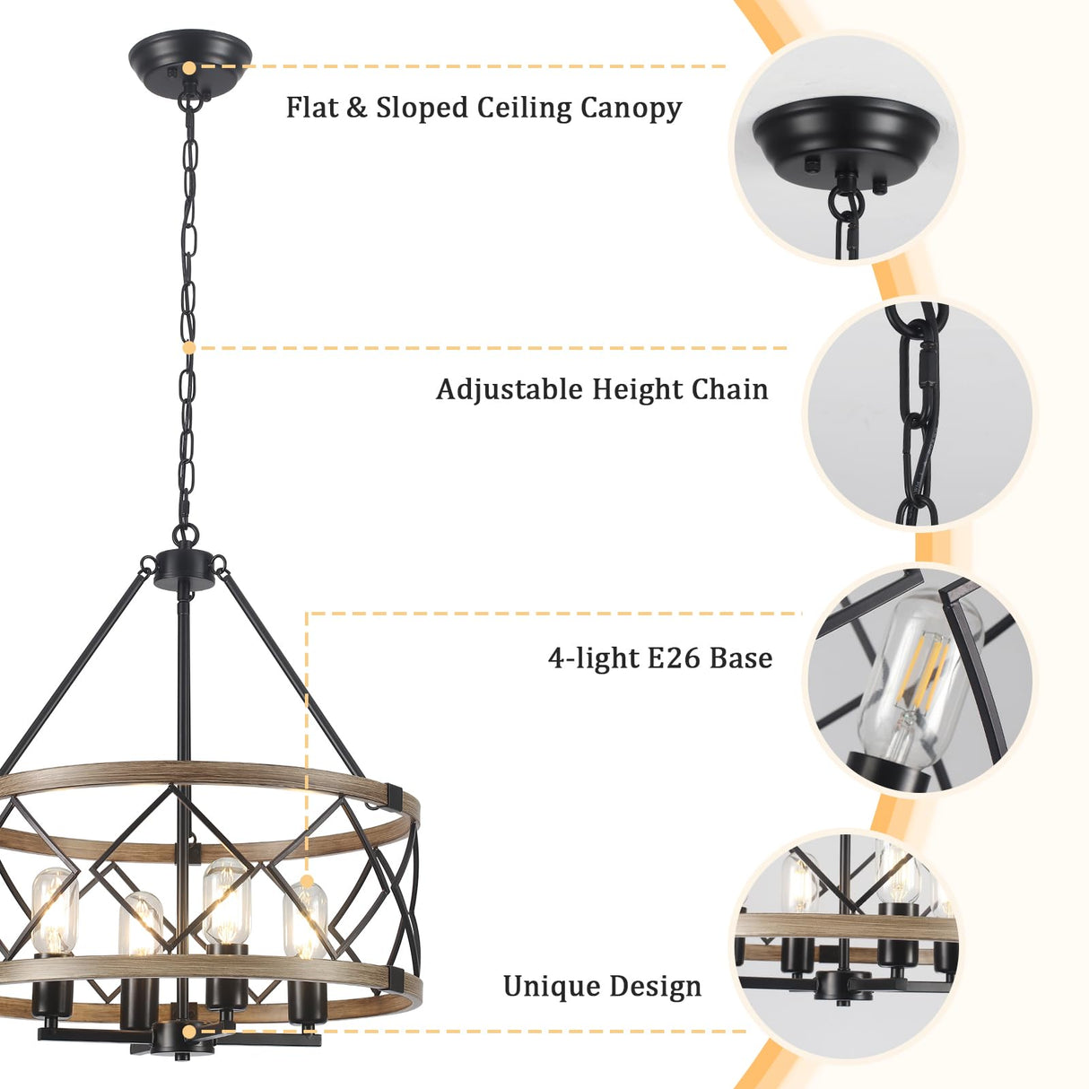 Farmhouse Chandelier for Dining Room 4-Light Rustic Chandeliers Imitation Wood Grain Pendant Light Fixture Modern Industrial Chandelier for Kitchen Island Entryway Foyer Bedroom Hallway，E26 Metal TCWGAUI