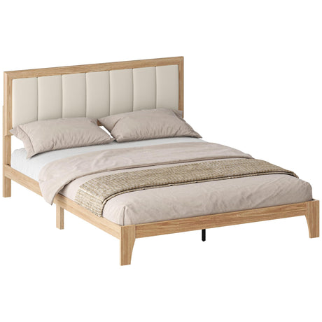 HOMCOM Queen Size Bed Frame with Upholstered Headboard, Platform Bed Frame with Wooden Slats, No Box Spring Needed, Easy Assembly, Oak HOMCOM