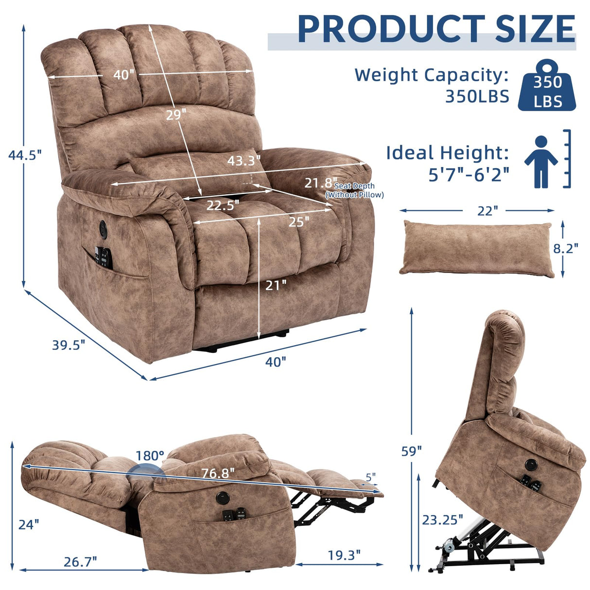 SOCIALCOMFY Large Tall Man Power Lift Recliner Chair with Massage & Heat, Dual Motor Lay Flat Electric Lift Sleeper Recliner w/Extended Footrest, Lumbar Pillow, USB & Type-C Ports, Pocket,Plush Brown SOCIALCOMFY