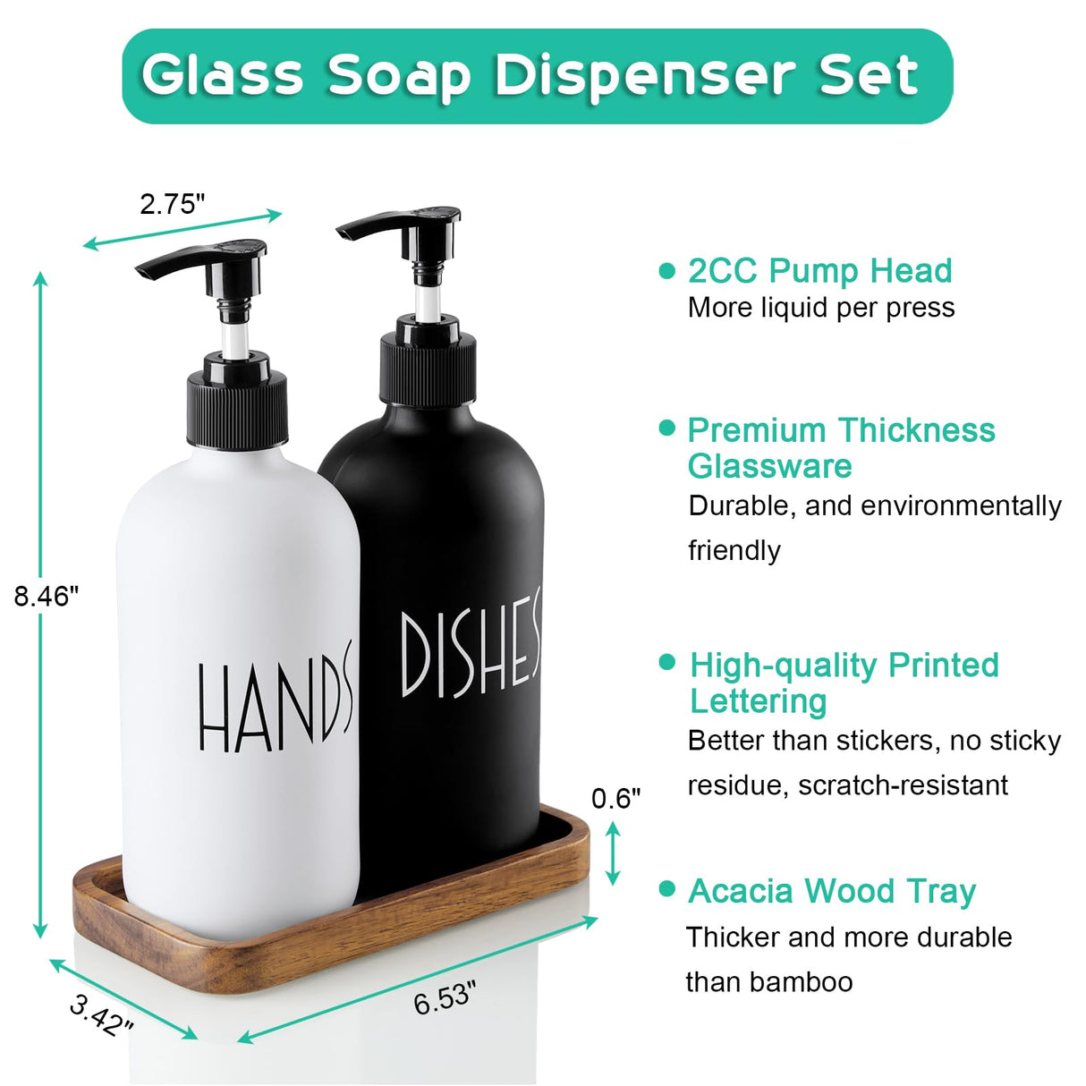 ALELION Glass Dish Soap Dispenser for Kitchen - 16 OZ Hand Soap Dispenser Set with Pump and Acacia Wood Tray - Black White Modern Farmhouse Kitchen Bathroom Decor and Accessories ALELION