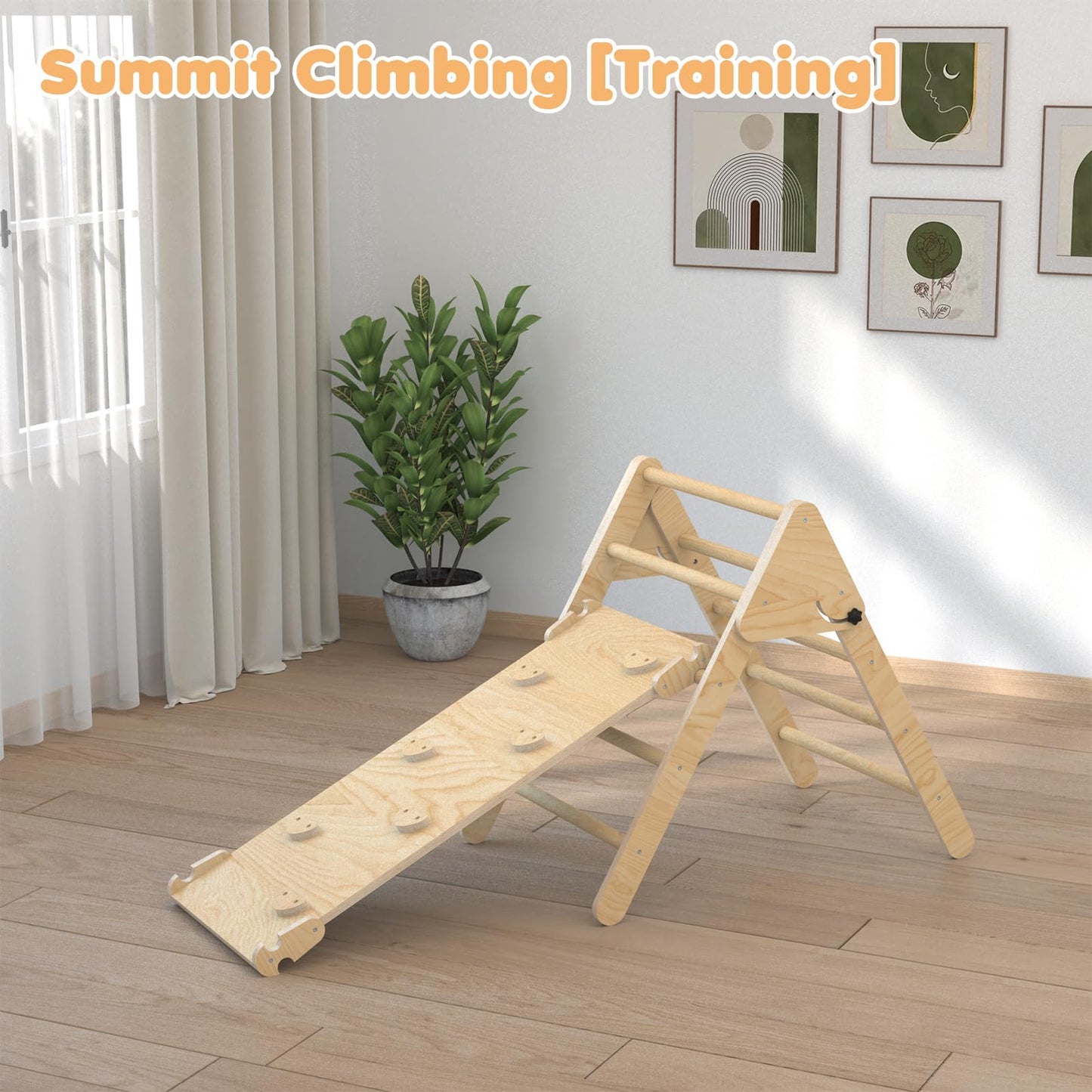 Pelnuies Pikler Triangle Set, 5 in 1 Wooden Montessori Climbing Set with Ramp for Sliding or Climbing, Foldable Toddler Climbing Toys Indoor Playground, Jungle Gyms for Toddlers 1-3, Natural