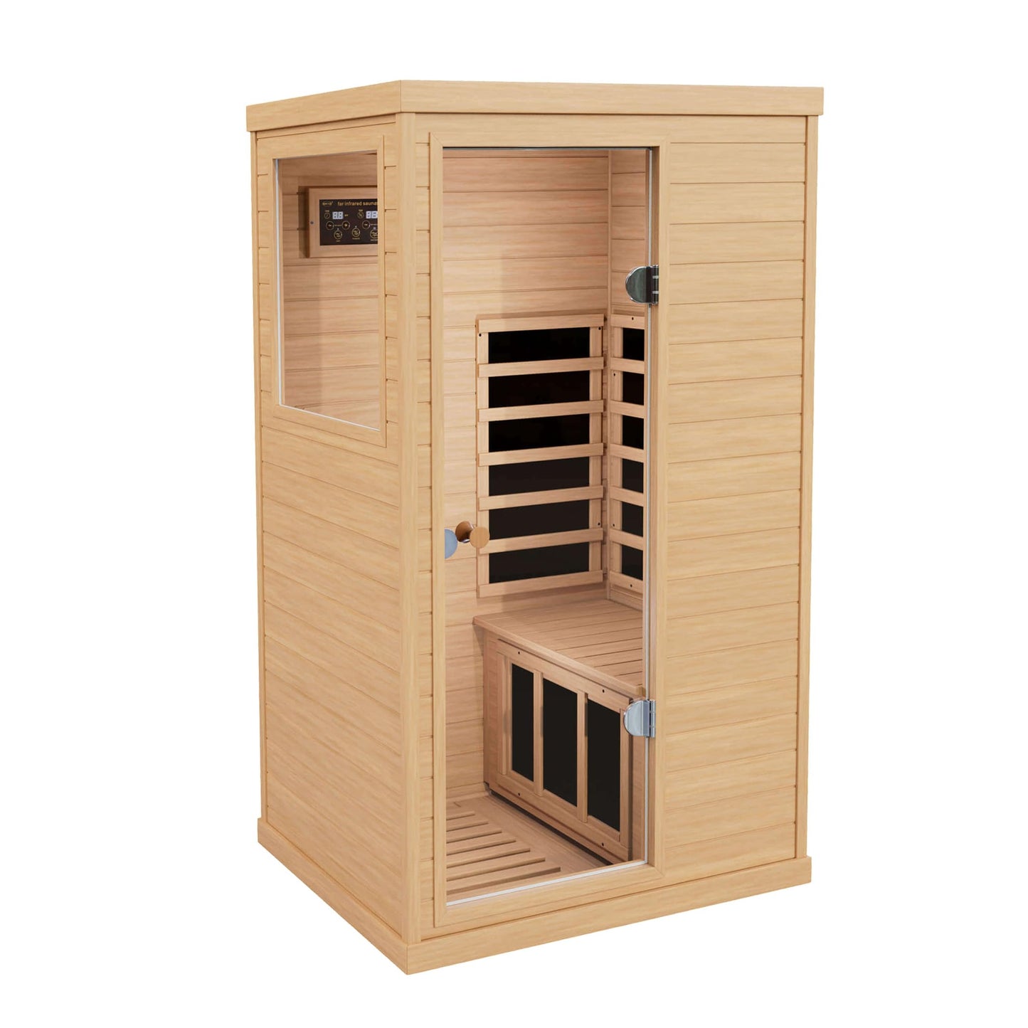 Xmatch Far Infrared Wooden Sauna Room, 1-Person Size Left Bench, with 1050W, 6 Heating Plates, 10-15 Minutes Pre-Warm up