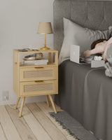Veegle Rattan Nightstand with Charging Station,Modern Bedside Table with 2 Storage Drawer and Open Wood Shelf, for Bedroom and Small Spaces,Night Stand with Solid Wood Legs (Yellow Oak) Veegle