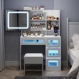 Fameill Vanity Desk with LED Sliding Mirror, Dressing Table with 4 Drawers and Stool Set, RGB Lights, Makeup Vanity 3 Color Lighting Modes Adjustable Brightness, Charging Station, White Fameill
