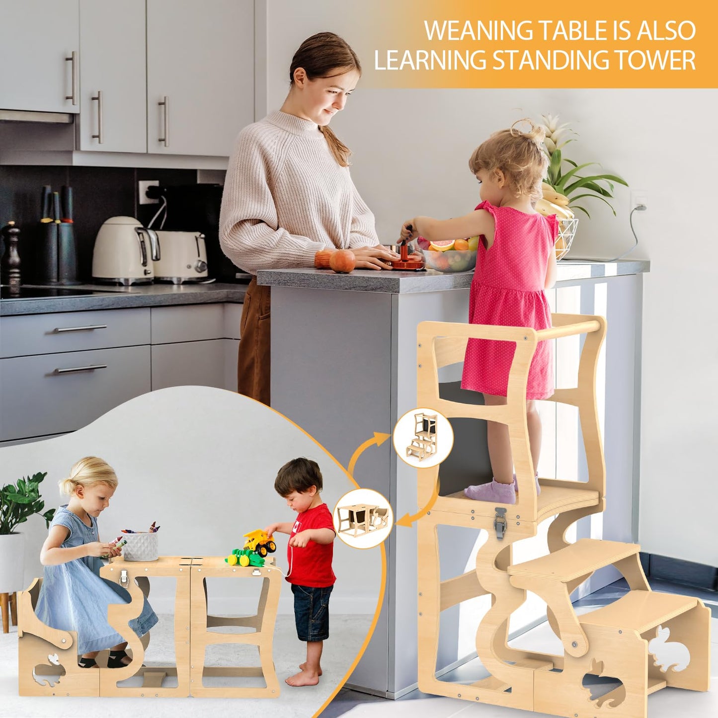 Toddler Tower, Kitchen Stool Helper for Toddlers, Learning Wooden Tower with Chalkboard and Backrest, 3 in 1 Kitchen Standing Tower, Foldable Weaning Table with Safety Rail, Step Stool Montessori