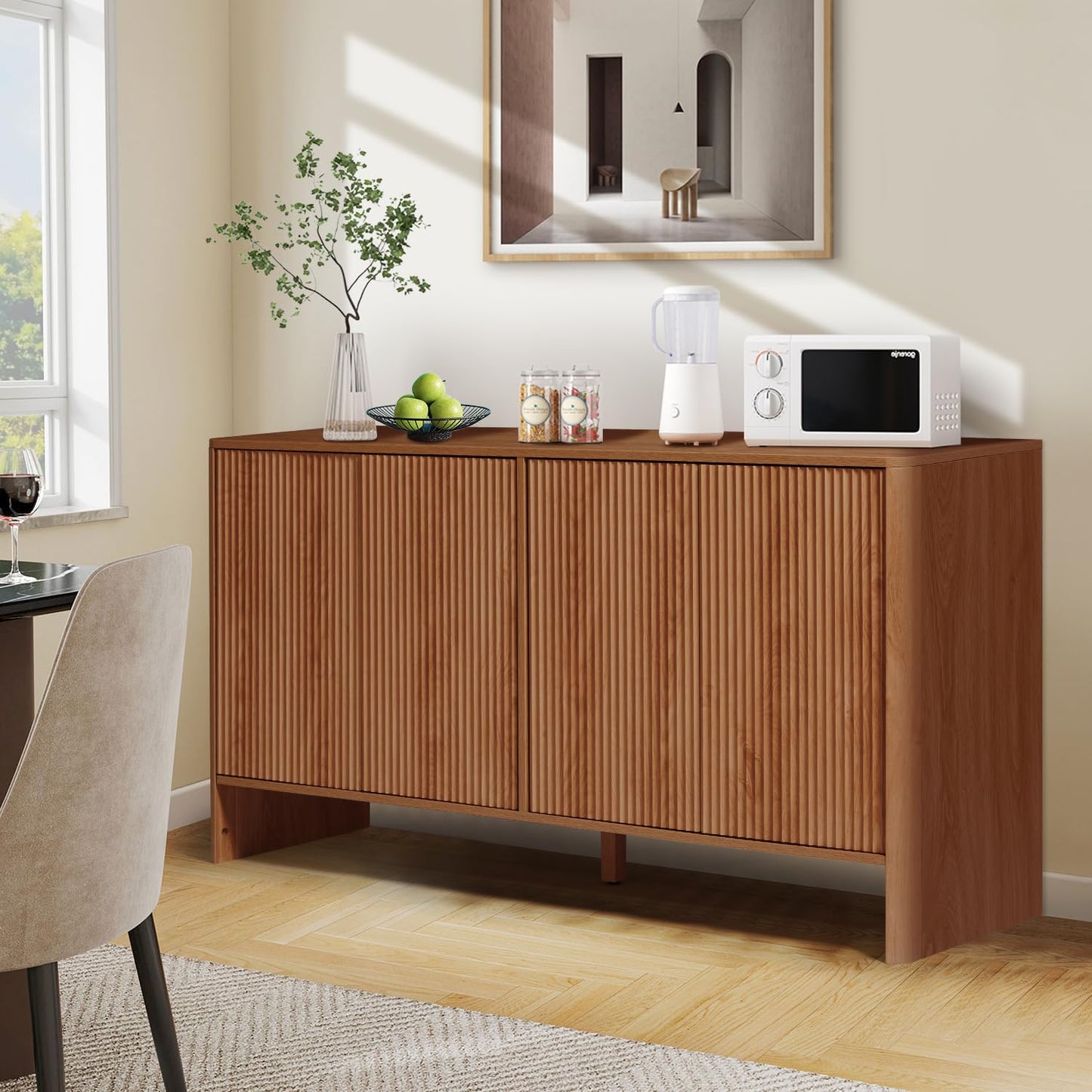 Sideboard Storage Cabinet with Doors and Shelves, Buffet Cabinet with Storage, Credenza Storage Cabinet for Kitchen, Wooden Fluted Cabinet for Bedroom/Entryway, under TV Cabinet with Storage - Walnut