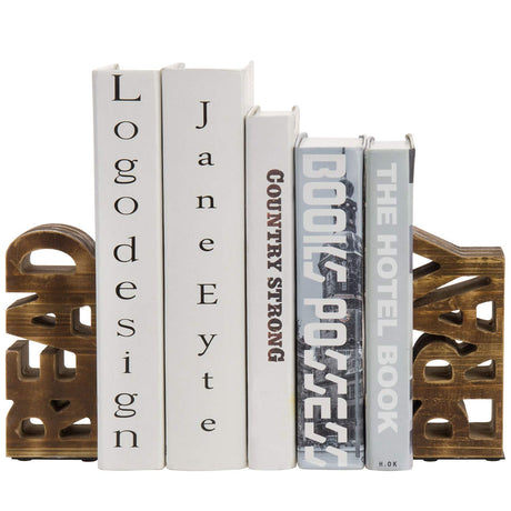 MyGift Rustic Burnt Brown Wood Bookends Carved in Read and Pray Block Letters, Decorative Book Stands for Home Library Bookshelf Office Desk, 2 Piece Set MyGift