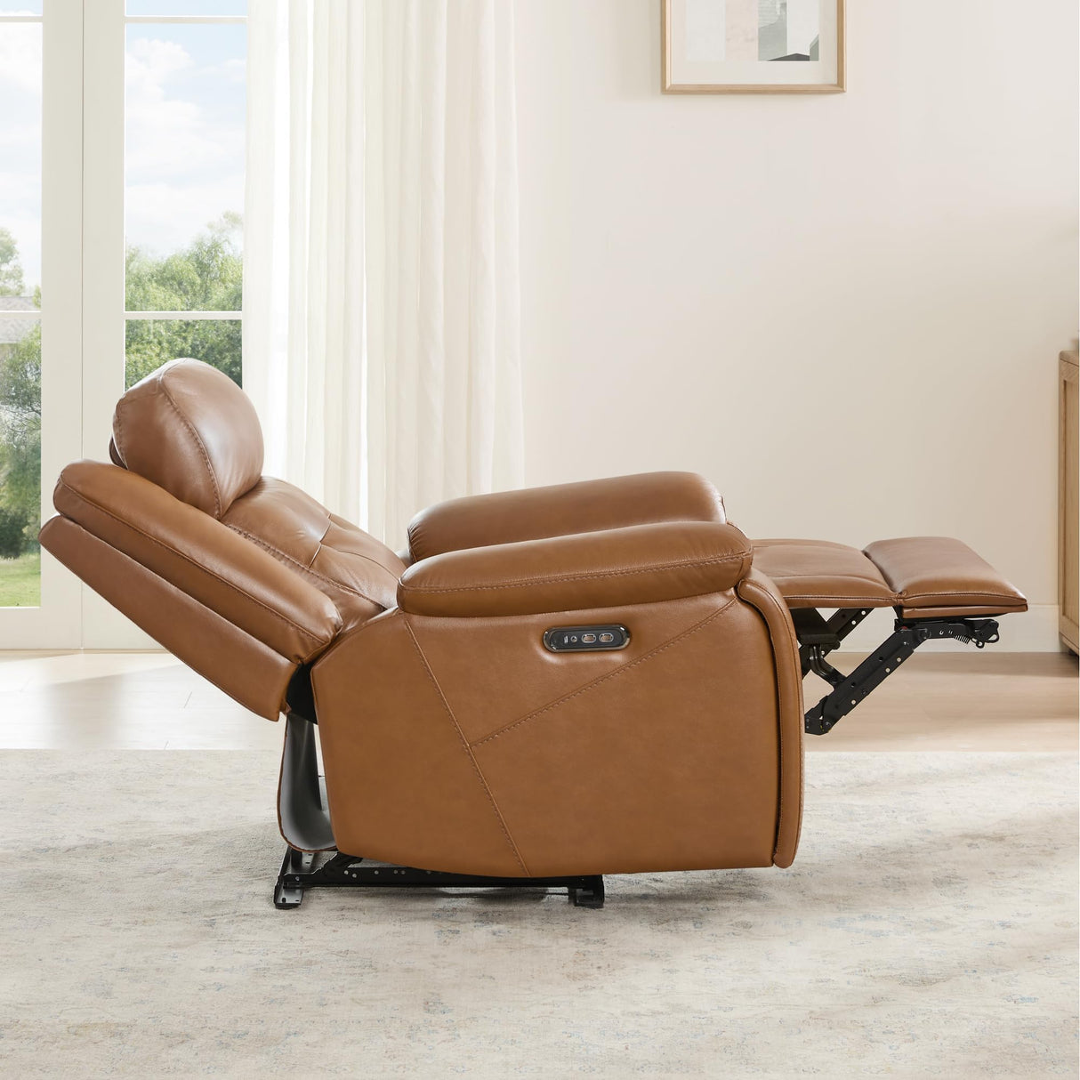 Watson & Whitely Genuine Leather Power Recliner Chair for Adults, Wall Hugger Recliner with Power Headrest, Cup Holders & Charging Ports, Electric Reclining Chairs for Living Room, RV, Saddle Brown Watson & Whitely