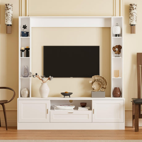 MOUMON Large Entertainment Center with Bookshelf, Wall Units with Doors and Drawer, TV Stand Media Console with Open Shelves for Living Room, White, 15.1”D x 70.9”W x 75.7”H MOUMON