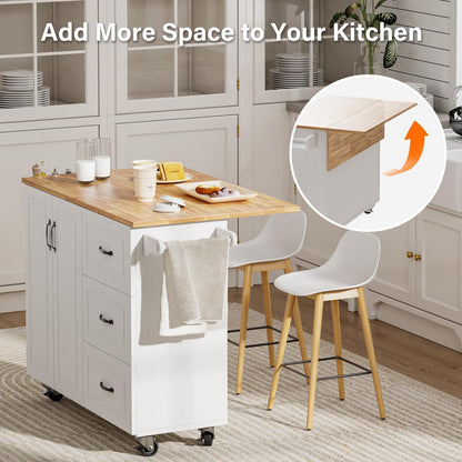 4 EVER WINNER Kitchen Island Cart on Wheels with Storage and Drop Leaf, 43" Rolling Kitchen Cart with Spice Rack & Towel Rack & 3 Drawers, White