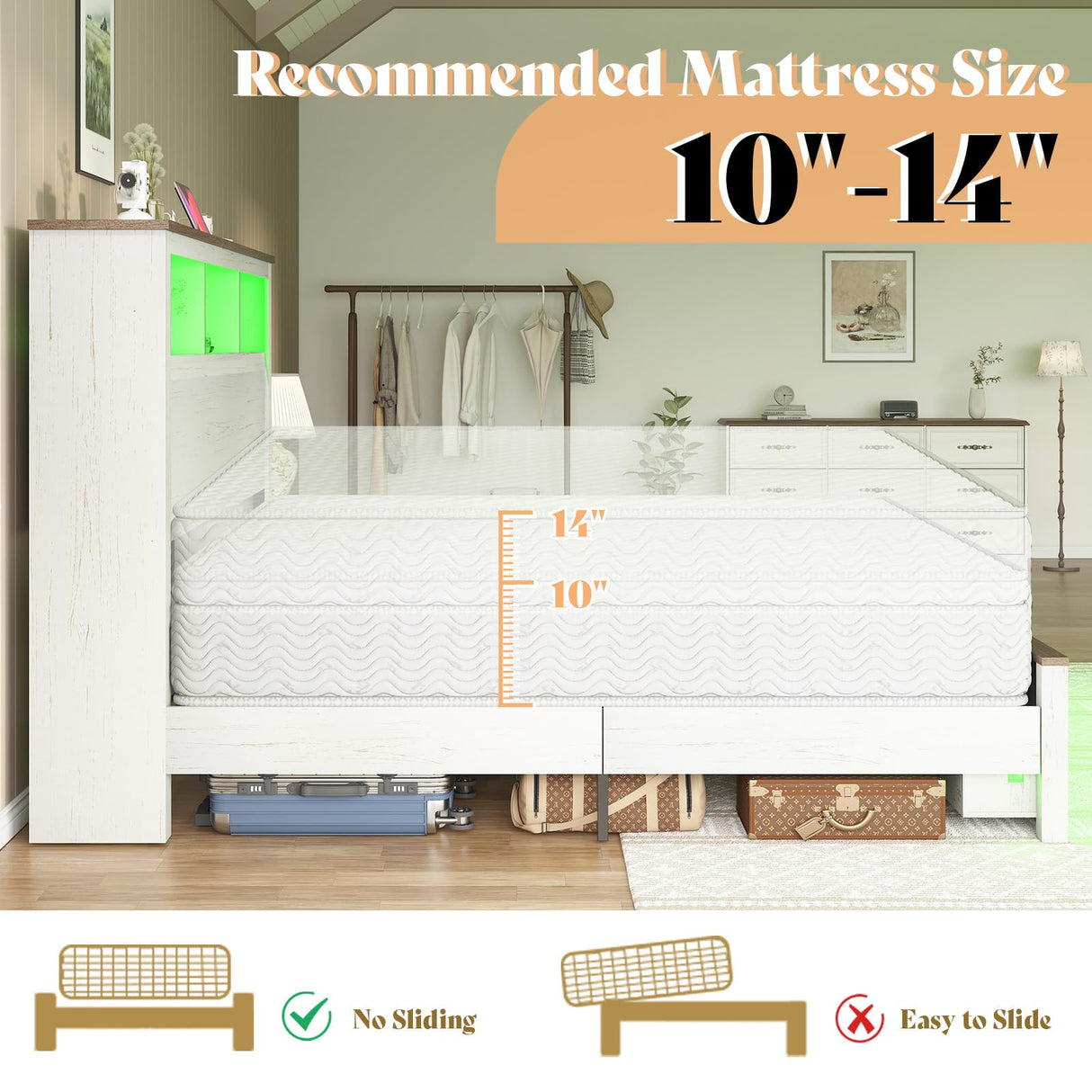 AMERLIFE King Size Bed Frame with Bookcase Storage Headboard and Footboard, LED Platform Bed with Charging Station, No Box Spring Needed, Noise Free, Distressed White AMERLIFE