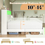 AMERLIFE King Size Bed Frame with Bookcase Storage Headboard and Footboard, LED Platform Bed with Charging Station, No Box Spring Needed, Noise Free, Distressed White AMERLIFE