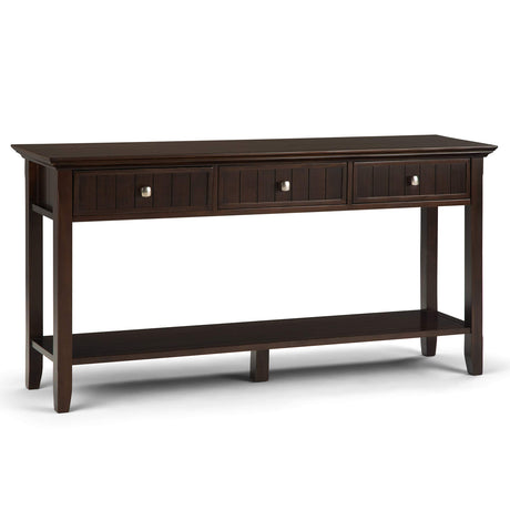 SIMPLIHOME Acadian SOLID WOOD 60 inch Wide Transitional Modern Wide Console Sofa Entryway Table in Brunette Brown with Storage, 3 Drawers and 1 Shelf, for the Living Room, Entryway and Bedroom SIMPLIHOME
