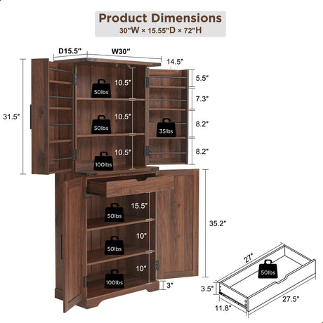 ACCOHOHO 72" Tall Kitchen Pantry, Farmhouse Storage Cabinet with Barn Doors, Organizer, Drawer and Adjustable Shelves, Rustic Wood Cupboard for Kitchen, Dining Room, Bathroom, Brown ACCOHOHO