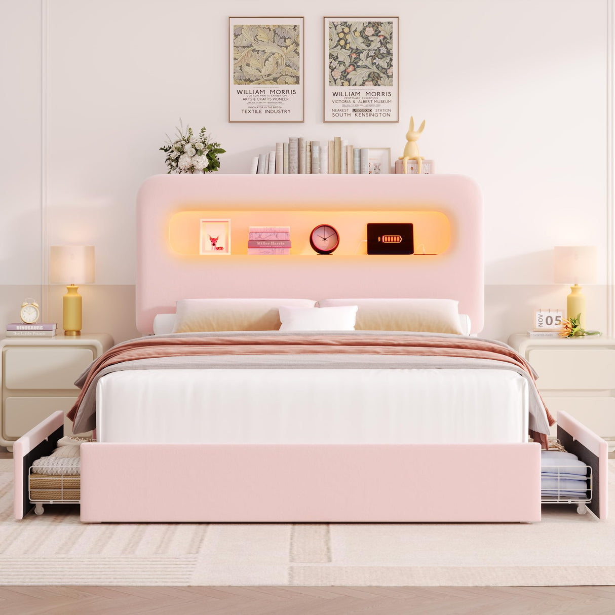 HOSTACK Queen LED Bed Frame with Storage Headboard and Charging Station, Girls Bed Frame with 2 Drawers and USB Ports, Velvet Upholstered Platform Bed Frame with Bookcase, No Box Spring Needed, Pink HOSTACK