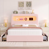 HOSTACK Queen LED Bed Frame with Storage Headboard and Charging Station, Girls Bed Frame with 2 Drawers and USB Ports, Velvet Upholstered Platform Bed Frame with Bookcase, No Box Spring Needed, Pink HOSTACK