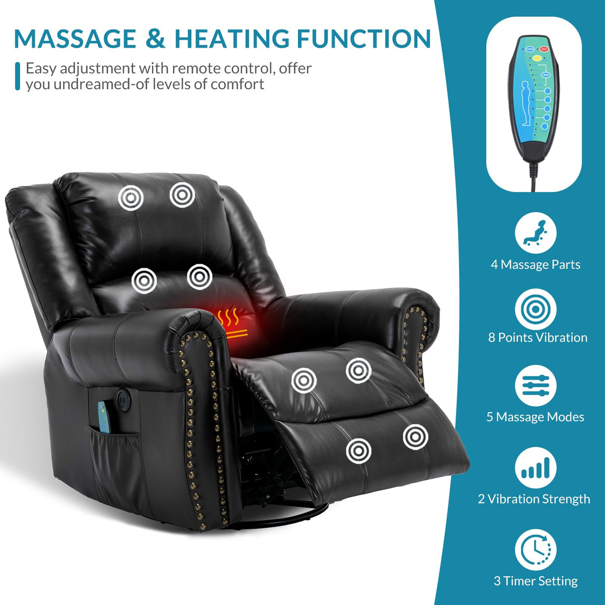 OUINCH Manual 360 Degree Swivel Glider Rocker Recliner Chair with Massage and Heat, USB Ports and 2 Side Pockets, Faux Leather, Black OUINCH