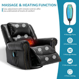 OUINCH Manual 360 Degree Swivel Glider Rocker Recliner Chair with Massage and Heat, USB Ports and 2 Side Pockets, Faux Leather, Black OUINCH