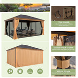 YOLENY 12' x 16' Hardtop Gazebo Metal Gazebo with Faux Wood Grain Aluminum Frame, Galvanized Steel Single Roof, Outdoor Patio Gazebo Pergolas with Netting and Curtains for Backyard, Patio, Lawns YOLENY