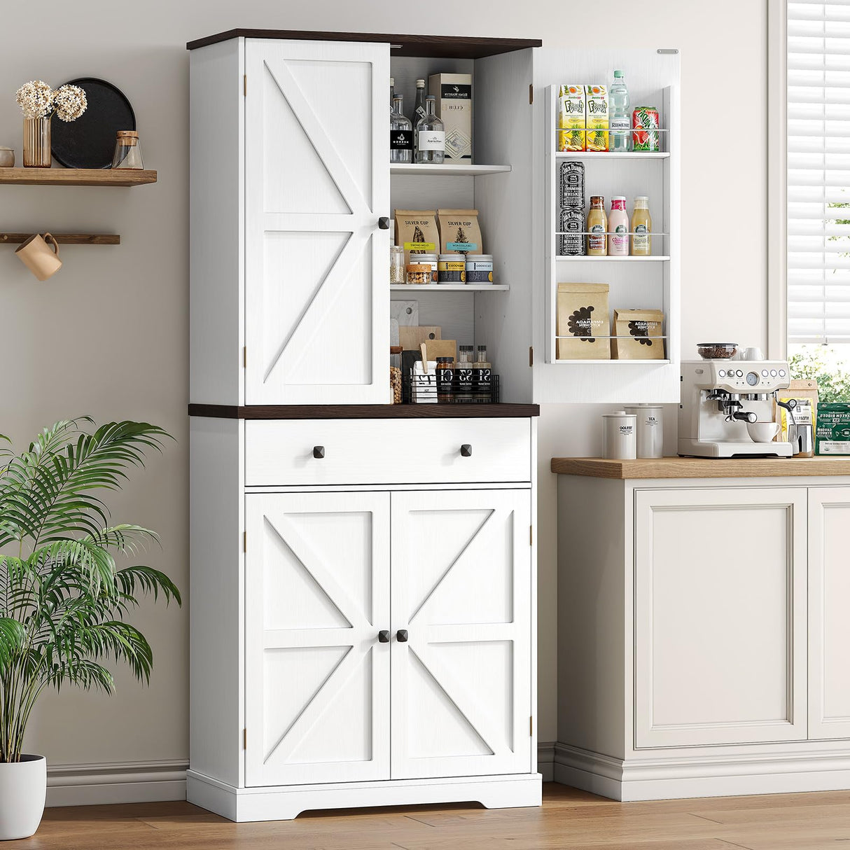 ONBRILL 71" Tall Farmhouse Kitchen Pantry with 6 Door Shelves & Drawer, Wood Pantry Storage Cabinet with 2 Adjustable Shelves & 4 Barn Doors, Freestanding Cupboard for Kitchen, Dining Room, White ONBRILL