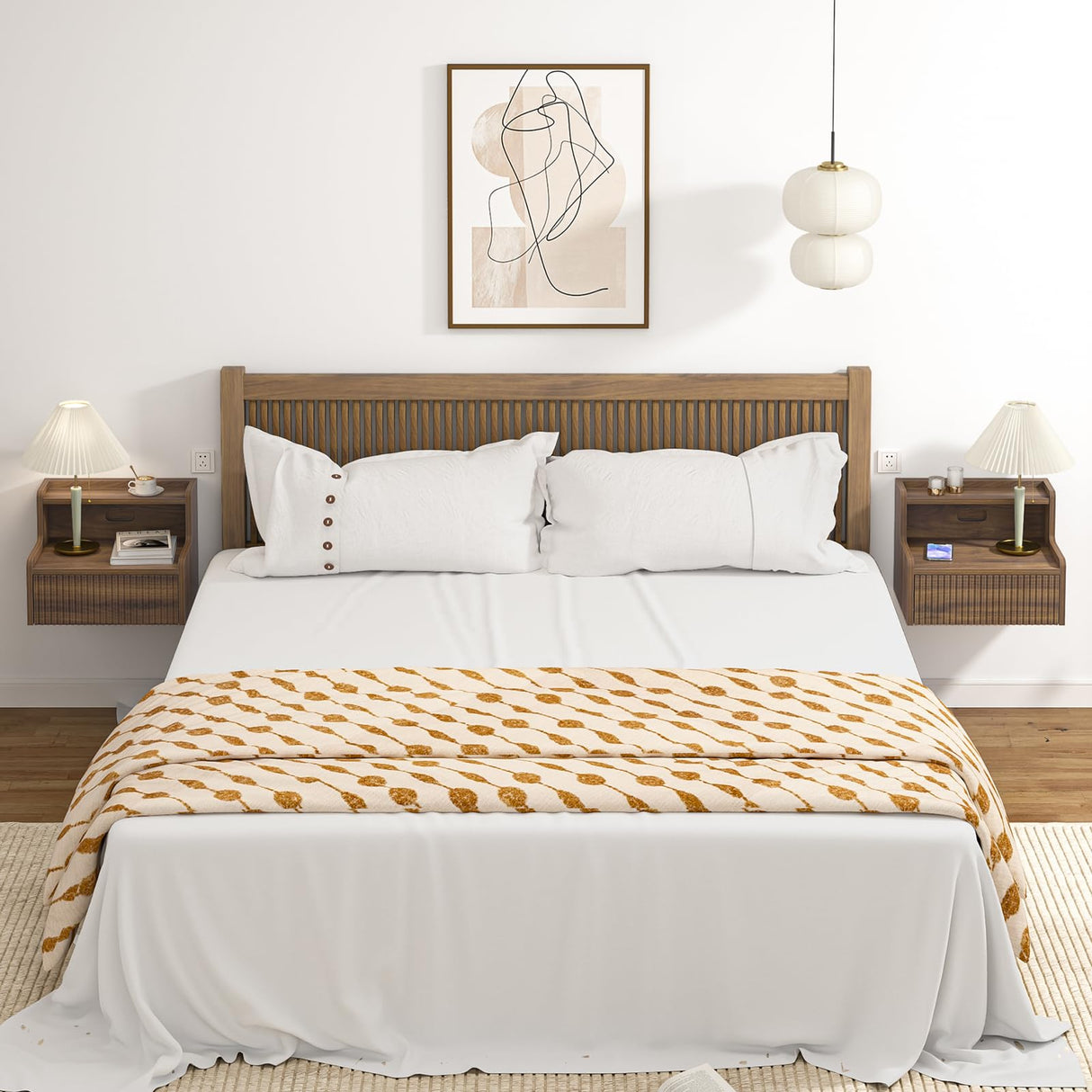 Anmytek Walnut Floating Nightstand Set of 2 with Drawer, Wall Mounted Night Stand, Small Bedside End Table, Modern Wood Floating Bedside Shelf for Bedroom Bathroom Kitchen Anmytek