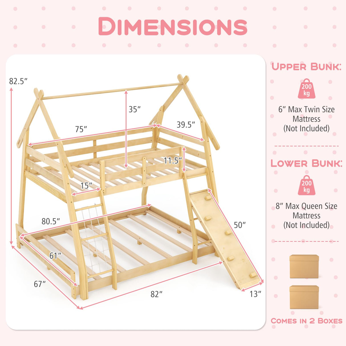 Costzon Twin Over Queen Bunk Bed, House Shaped Bed Frame with Climbing Nets and Ramp, Safety Guardrail, No Box Spring Needed, Wooden Kids Bed for Boys Girls (Natural, Twin Over Queen) Costzon