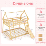Costzon Twin Over Queen Bunk Bed, House Shaped Bed Frame with Climbing Nets and Ramp, Safety Guardrail, No Box Spring Needed, Wooden Kids Bed for Boys Girls (Natural, Twin Over Queen) Costzon