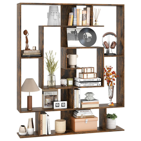 Giantex 7-Tier Geometric Bookshelf, Modern Bookcase with Open Shelves, Freestanding Display Shelf with Anti-Tip Kit, Storage Rack for Living Room Bedroom Study, 49.5''L x 8.5''W x 59''H (Rustic Brown) Giantex
