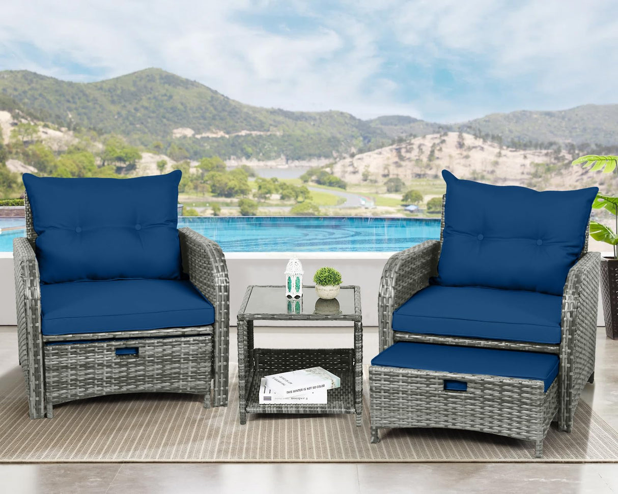 FYRICKYLINOO 5 Pieces Wicker Outdoor Patio Chairs Set with Ottoman, All Weather PE Rattan Patio Conversation Furniture Set Outdoor Furniture Set with Hidden Ottoman, Blue FYRICKYLINOO
