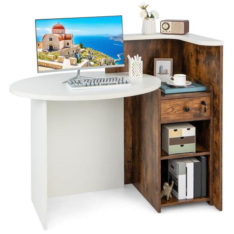 Tangkula Reception Desk, Front Counter Desk with Lockable Drawer & Adjustable Shelf, Oval Desktop, Retail Counter for Checkout, Computer Workstation for Salon Lobby Home Office Tangkula