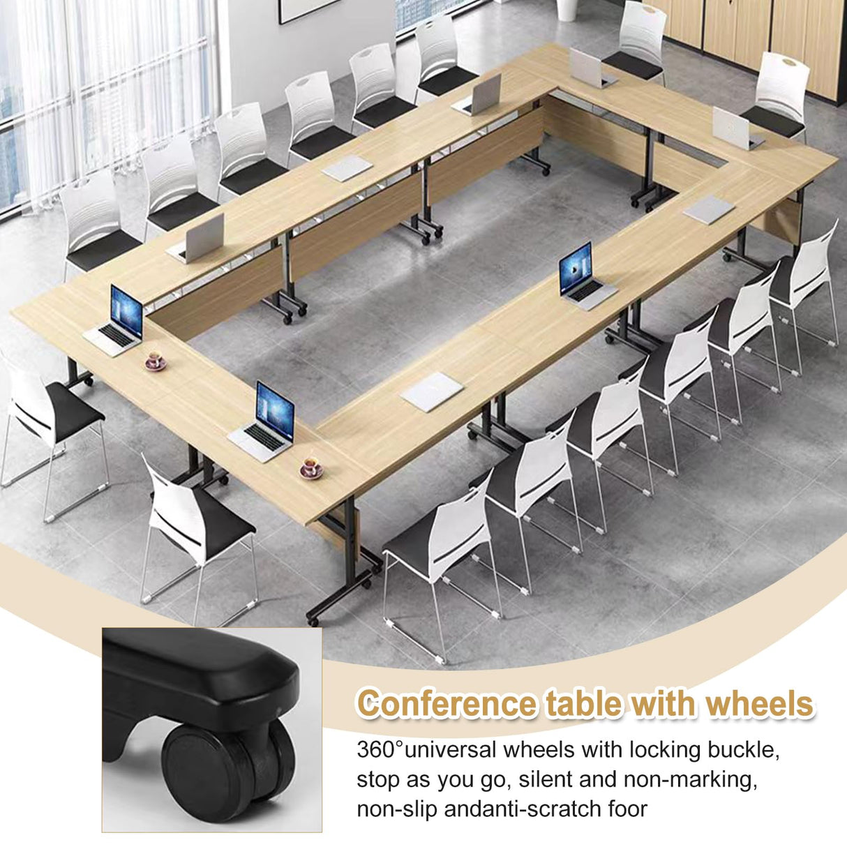 Folding Conference Table, 55.1in Conference Room Table Flip Top Mobile Training Table with Wheels, Modern Rectangle Foldable Meeting Seminar Tables for Home Office Class 55.1" D x 21.6" W x 29.5" H Ptosziav