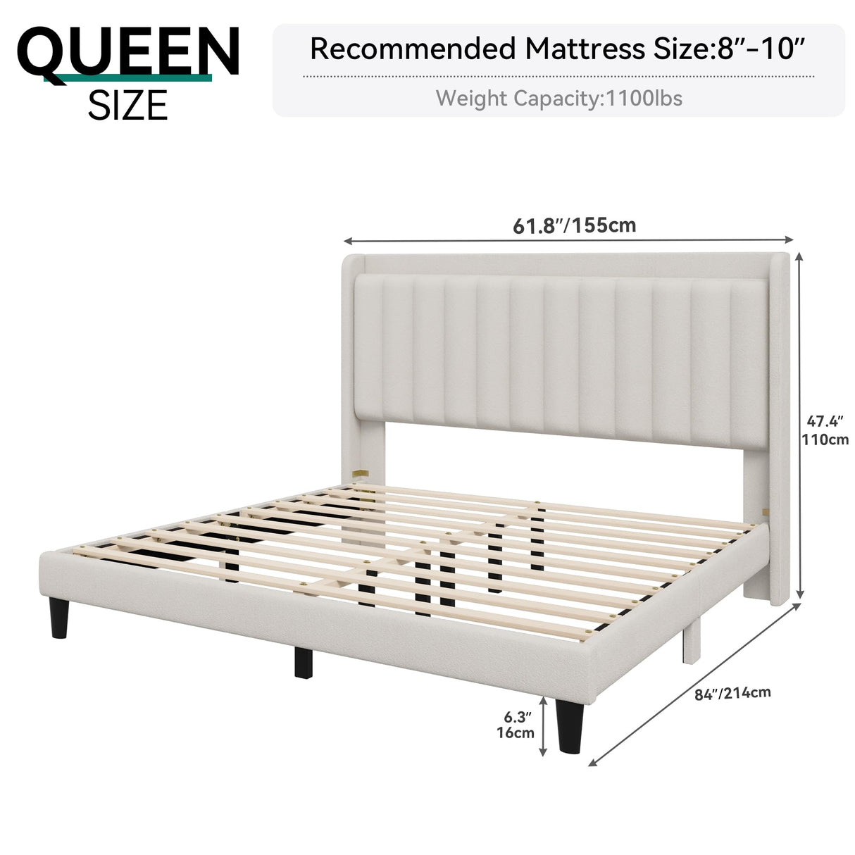 YITAHOME Queen Bed Frame with Adjustable Velvet Wingback Headboard 43.3"-47.4", Upholstered Platform Bed with LED Lights, Solid Wood Slat Support, No Box Spring Needed,Beige YITAHOME