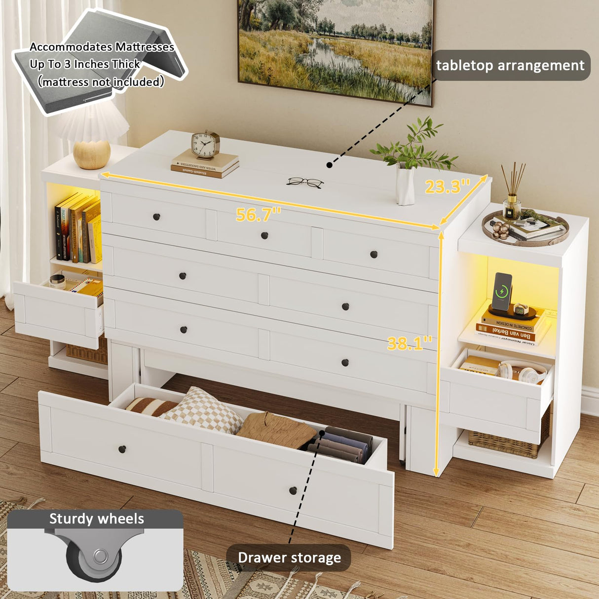 LIVAUVEAD Full Size Murphy Bed with Bedside Tables,Full Size Foldable Cabinet Bed Frame with Charging Station & Drawer,Murphy Bed Chest with Adjustable LED Light for Bedroom,Guest Room,White LIVAUVEAD