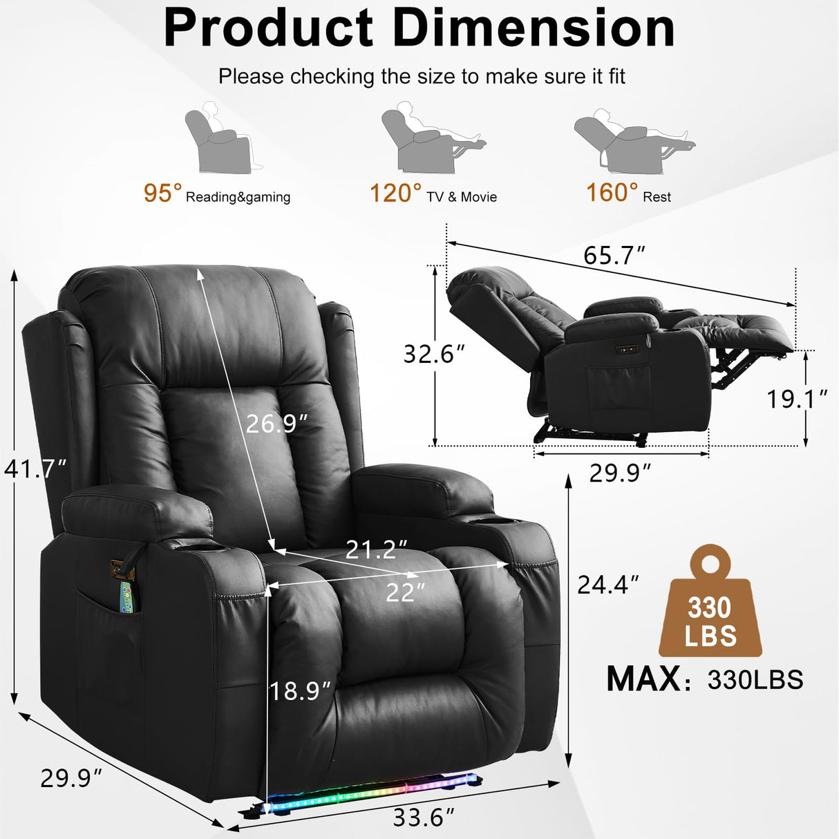 IPKIG Power Recliner Chair with Led Light - Faux Leather Overstuffed Home Theater Recliner w/Massage Heat/Lumbar Pillow/USB Port/Cup Holders/Side Pockets, Movie Gaming Reclining Chair (2 Sets, Black) IPKIG