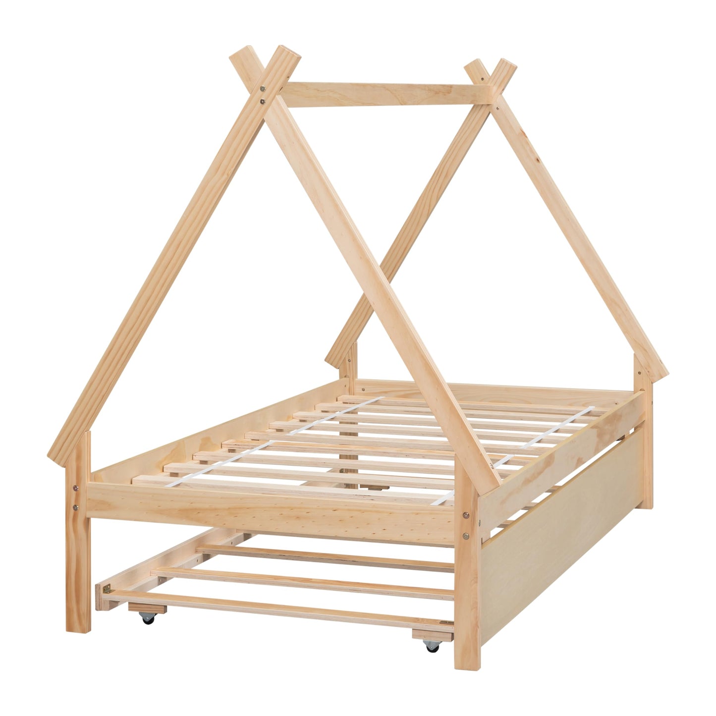 Harper & Bright Designs Twin Size Teepee Bed Frame with Trundle - Natural Wood Montessori Bed for Kids - WoodArtSupply