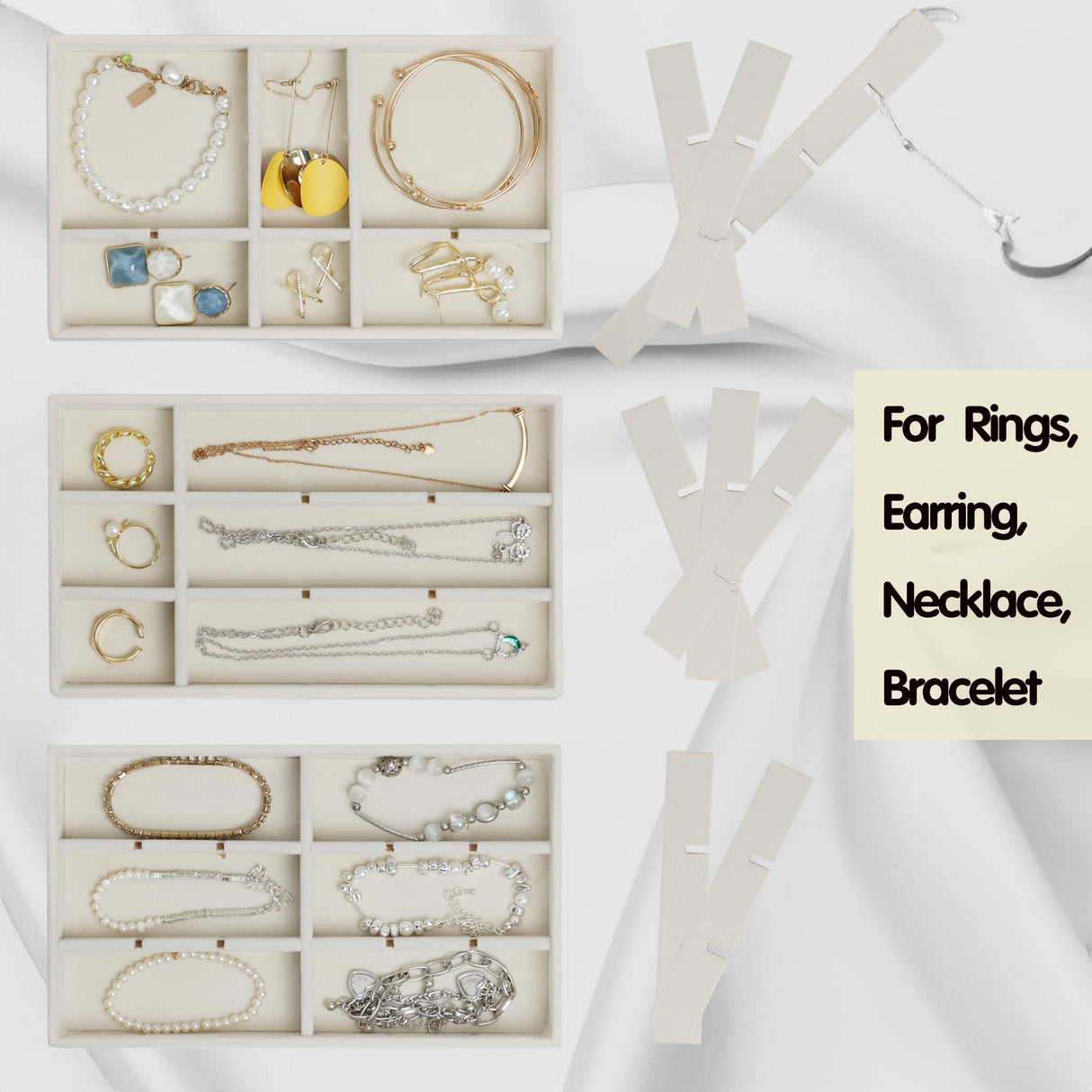 Set of 8 Stackable Jewelry Organizer Trays with 1 Lid for Drawer & Dresser Organizer, Adjustable Velvet Jewelry Box Tray Earring Organizer Necklace Storage Ring Bracelet Display Case (Beige) Fordonral