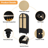 YUCHIATH Arched Armoire Wardrobe Closet with 2 Rattan Doors, Wooden Wardrobe Closet with 2 Drawers, 74.8 "H Bedroom Armoires with Hanging Rod (Black) YUCHIATH