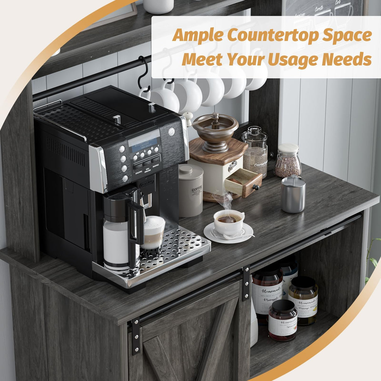 4ever2buy Farmhouse Coffee Bar Cabinet with Storage, Gray Coffee Bar with 6 Hooks, Coffee Bar Table with Sliding Barn Door, Wine Bar Cabinet with Adjustable Shelf for Living Dining Room 4ever2buy
