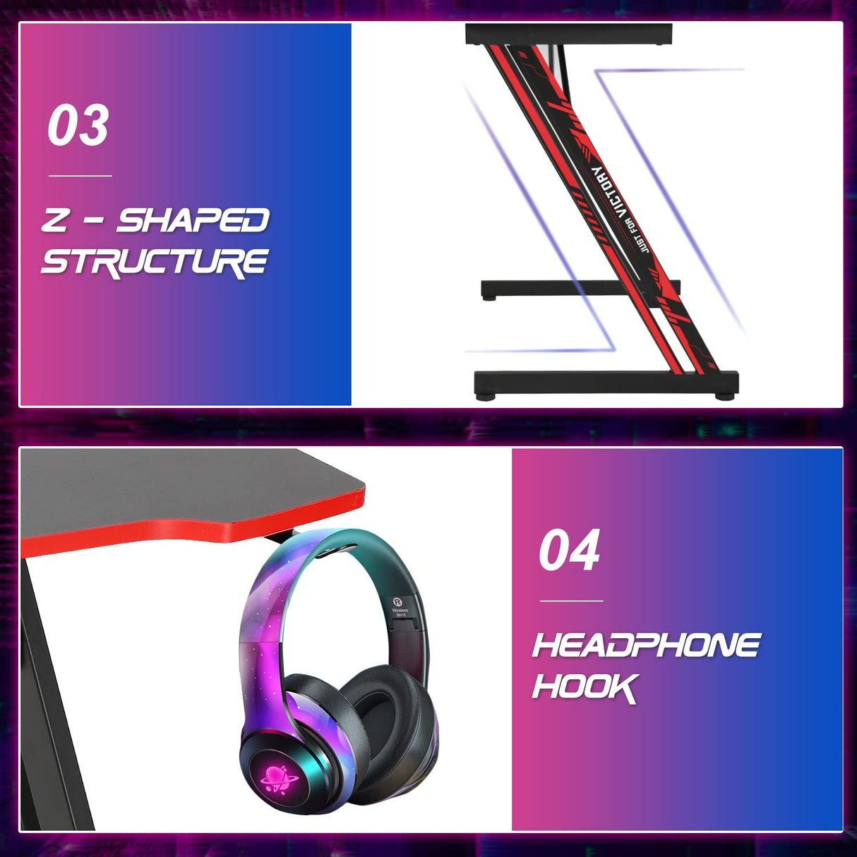 BestOffice 35"/39"/47" Computer Desk Z Shaped Workstation Ergonomic Table with Headphone Hook for Game Players (Red, 47 in) BestOffice