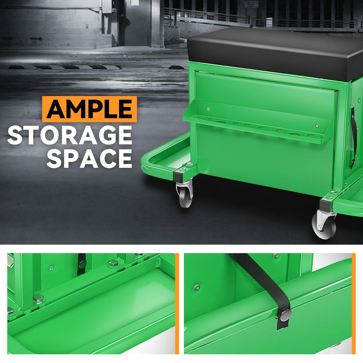 Auto Dynasty 3-Drawer Mechanic Rolling Seat, 350 LBS Capacity Roller Garage Shop Seat with Storage Tool Tray for Workshop, Repair Shop, Warehouse, Green Auto Dynasty