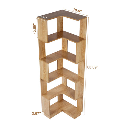 Modern 5-Tier Corner Bookshelf by tonchean - 69" Tall Free-Standing Wooden Storage Solution for Home & Office - WoodArtSupply