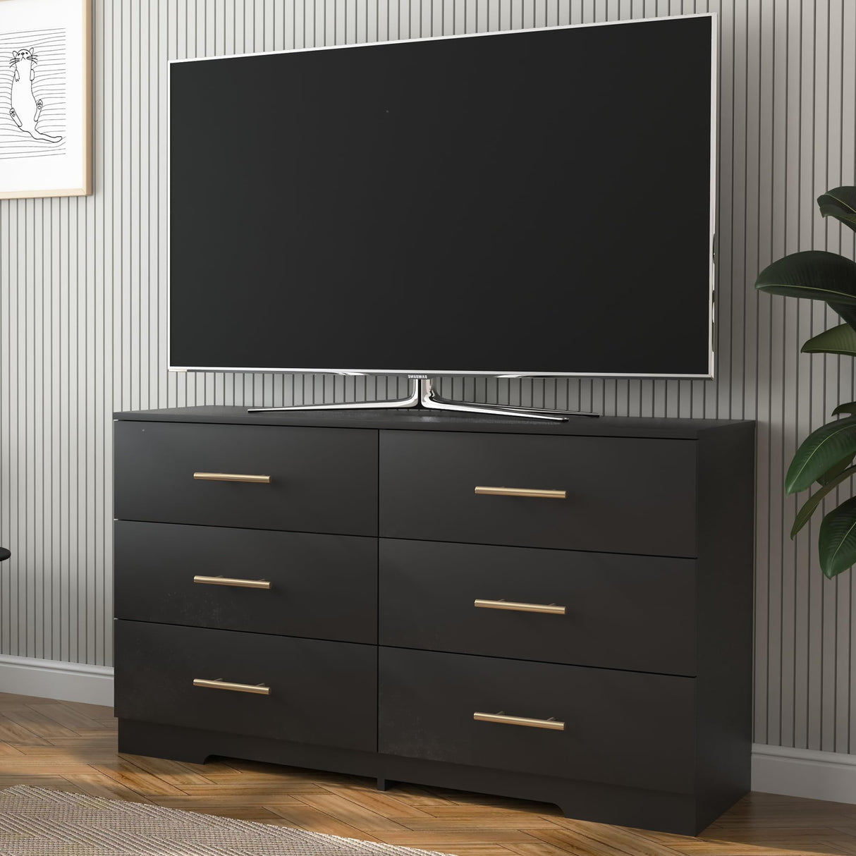 Vibe & Dine Black Dresser for Bedroom with Wide Storage, Modern 6 Drawer Dresser with Gold Handles, Wooden Chest of Drawers for Living Room Vibe & Dine