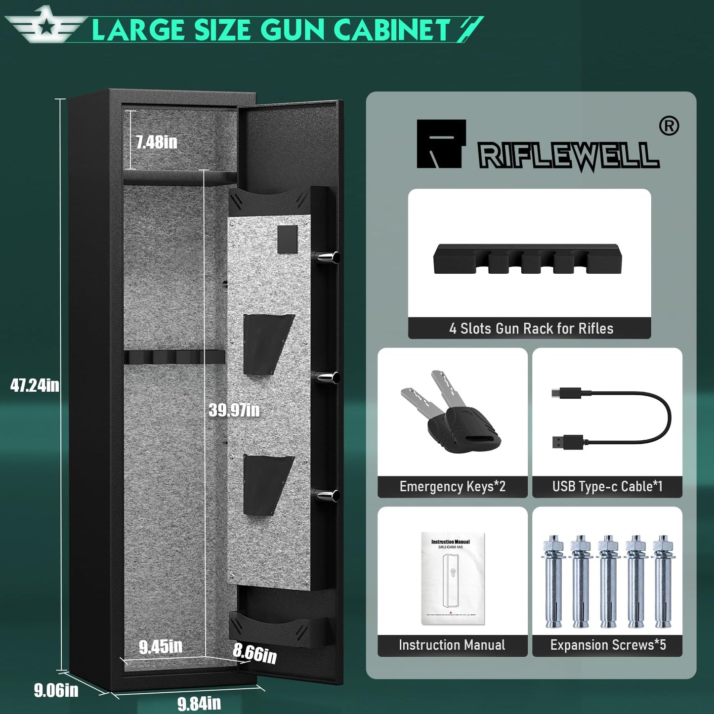 RIFLEWELL 2 Rifle Gun Safe, Digital Gun Safe for Home Rifle and Shotguns, Quick Access Gun Cabinets with LED Light, Rifle Safe with Adjustable Gun Rack and Removable Shelf - WoodArtSupply