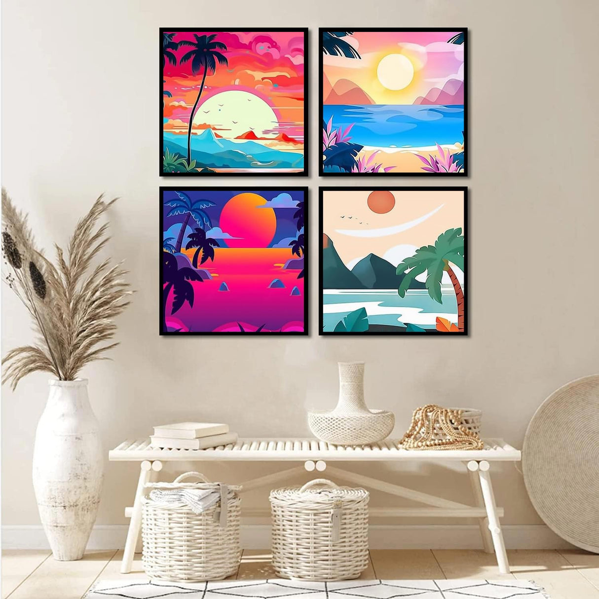 Fuinkqe 4 Pack Paint by Numbers for Adults and Kids Beginner, Landscape-Beach DIY Acrylic Painting Paint by Numbers Kits on Canvas for Kids Ages 4-8-12 Perfect for Gift Home Wall Decor(8x8in) Fuinkqe