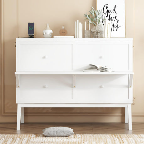 jurmiture Full Size Murphy Bed with USB Port and Removable Shelves on Each Side, Solid Pine Murphy Cabinet Bed for Home Office, Guest Room, White jurmiture